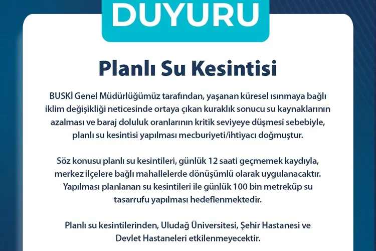 Bursa’daki planlı su kesintilerinde güncelleme